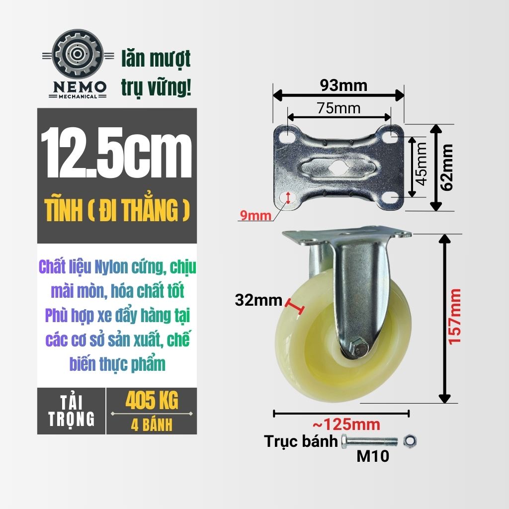 Bánh Xe Nylon Trắng Chịu Tải – Chuyên Dụng Kho Lạnh, Phòng Sạch (D75, D100, D125)